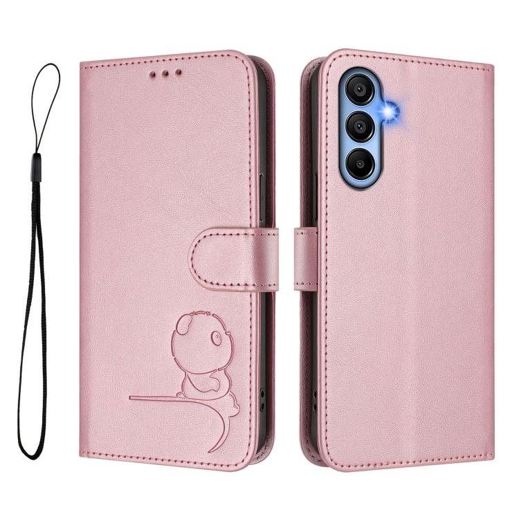 For Samsung Galaxy A15 5G / 4G Litter Panda Embossing RFID Leather Phone Case with Lanyard