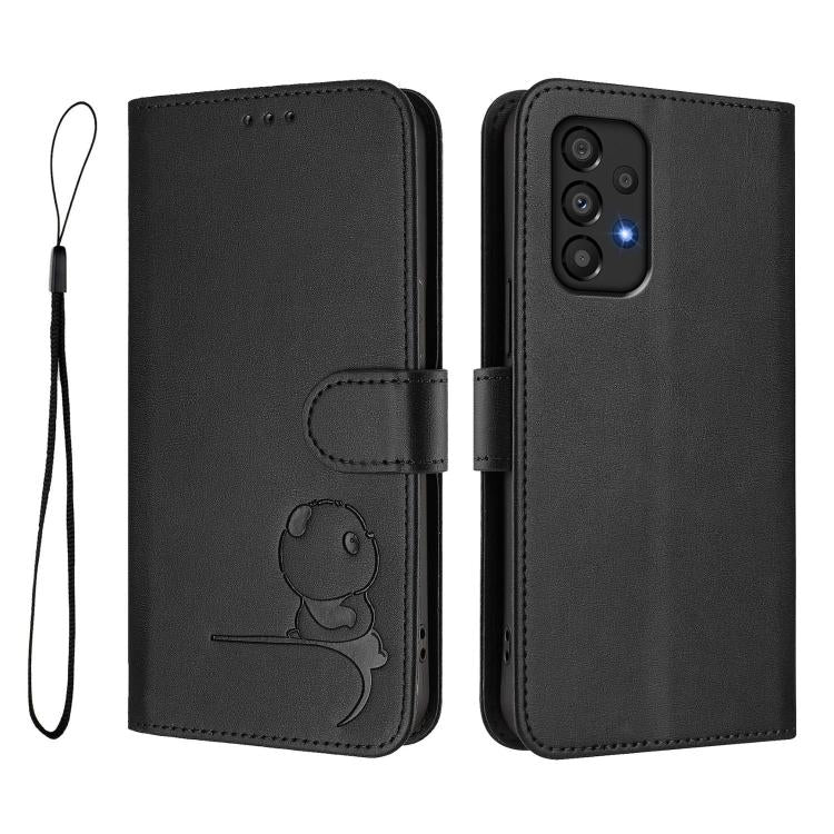 For Samsung Galaxy A33 5G Litter Panda Embossing RFID Leather Phone Case with Lanyard