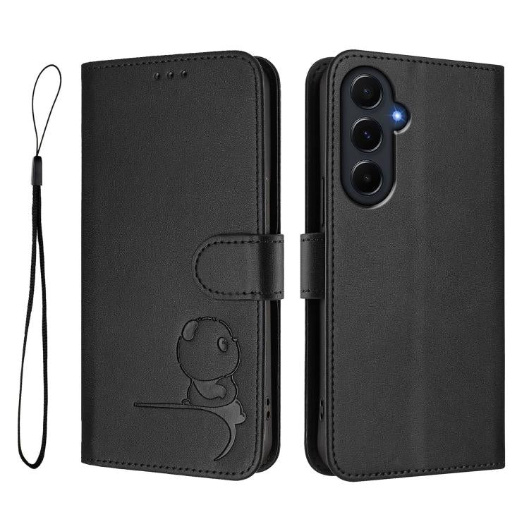 For Samsung Galaxy A55 5G Litter Panda Embossing RFID Leather Phone Case with Lanyard