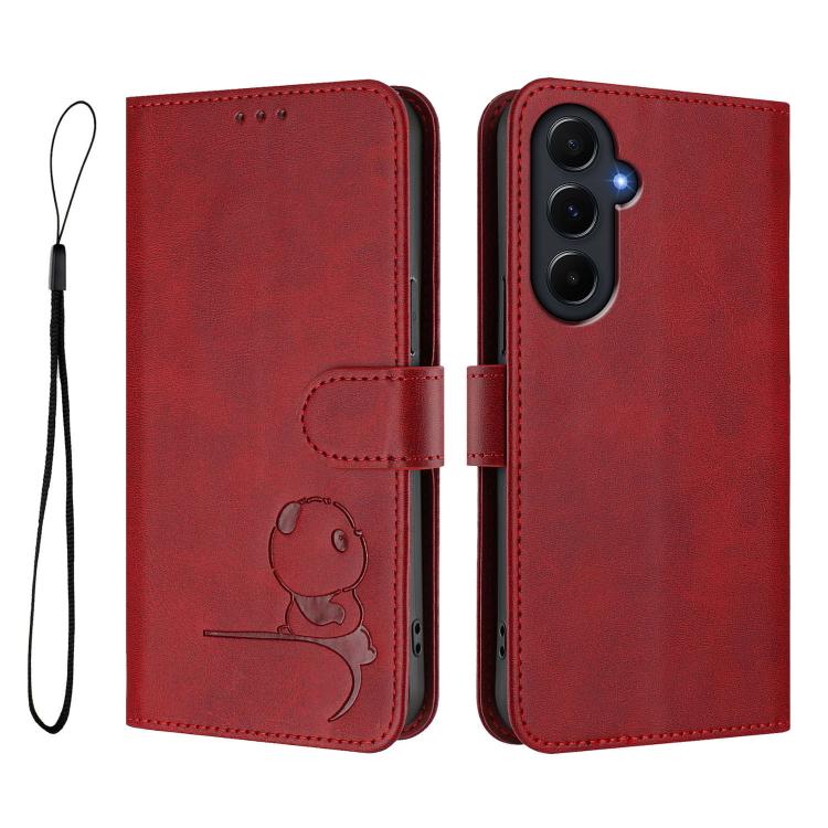 For Samsung Galaxy A55 5G Litter Panda Embossing RFID Leather Phone Case with Lanyard