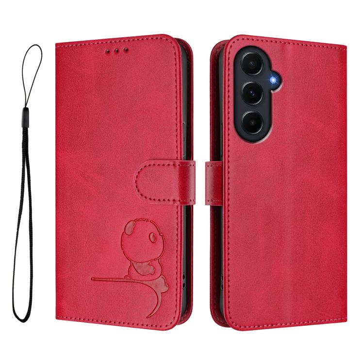 For Samsung Galaxy A55 5G Litter Panda Embossing RFID Leather Phone Case with Lanyard