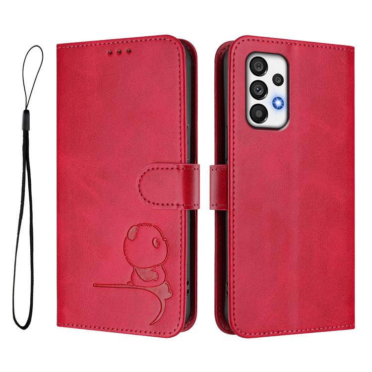 For Samsung Galaxy A73 5G Litter Panda Embossing RFID Leather Phone Case with Lanyard
