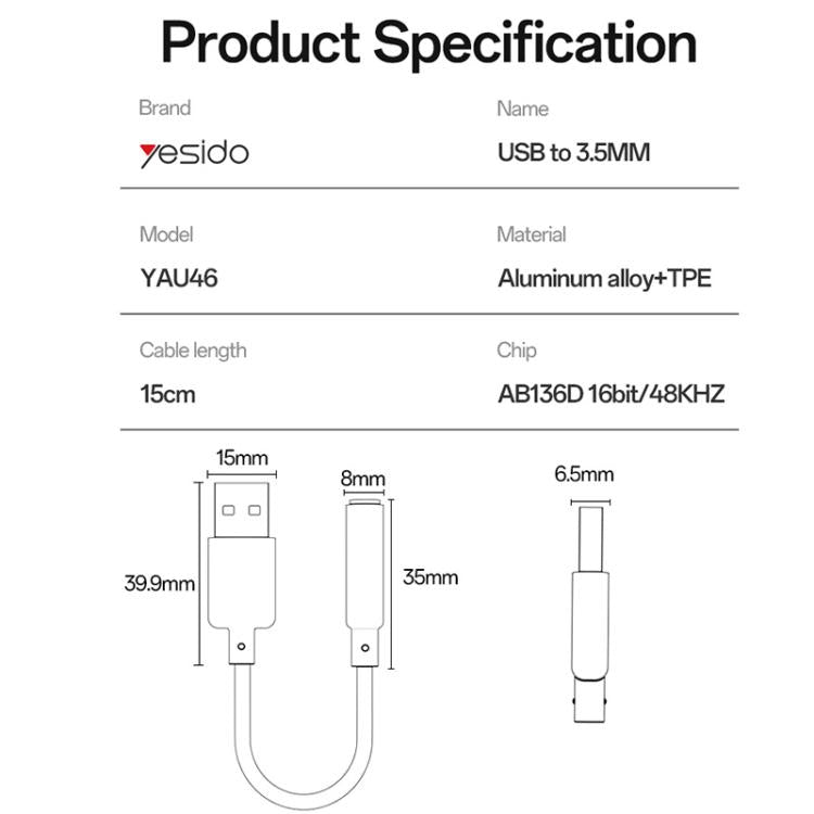 Yesido YAU46 USB to 3.5mm Aluminum Alloy Audio Adapter - Black