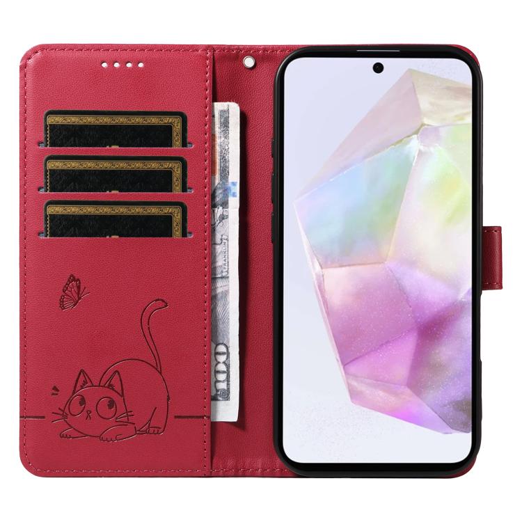 For Samsung Galaxy A56 5G Adorable Cat Embossed Pattern Flip Leather Phone Case