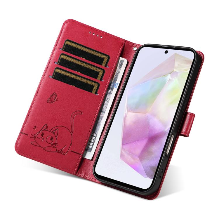 For Samsung Galaxy A56 5G Adorable Cat Embossed Pattern Flip Leather Phone Case