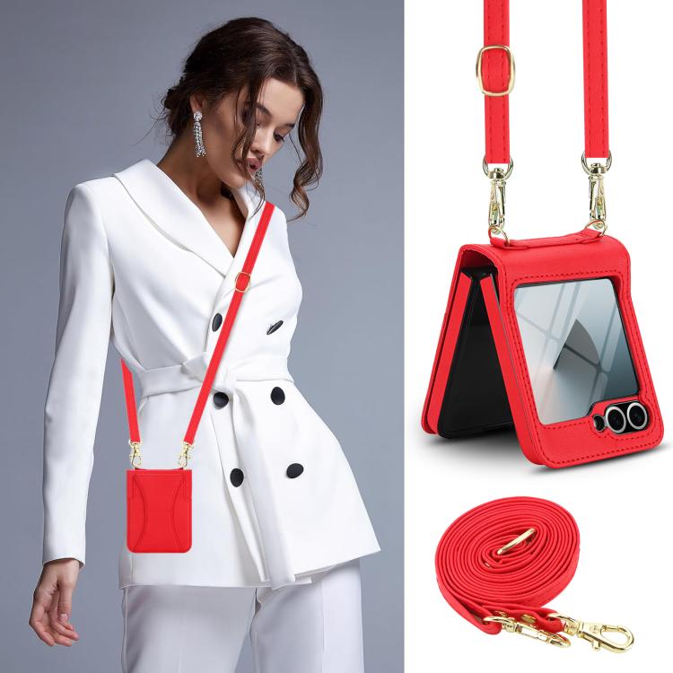 For Samsung Galaxy Z Flip5 Integrated Fold Holder Card Slot Phone Case with Long & Short Lanyard