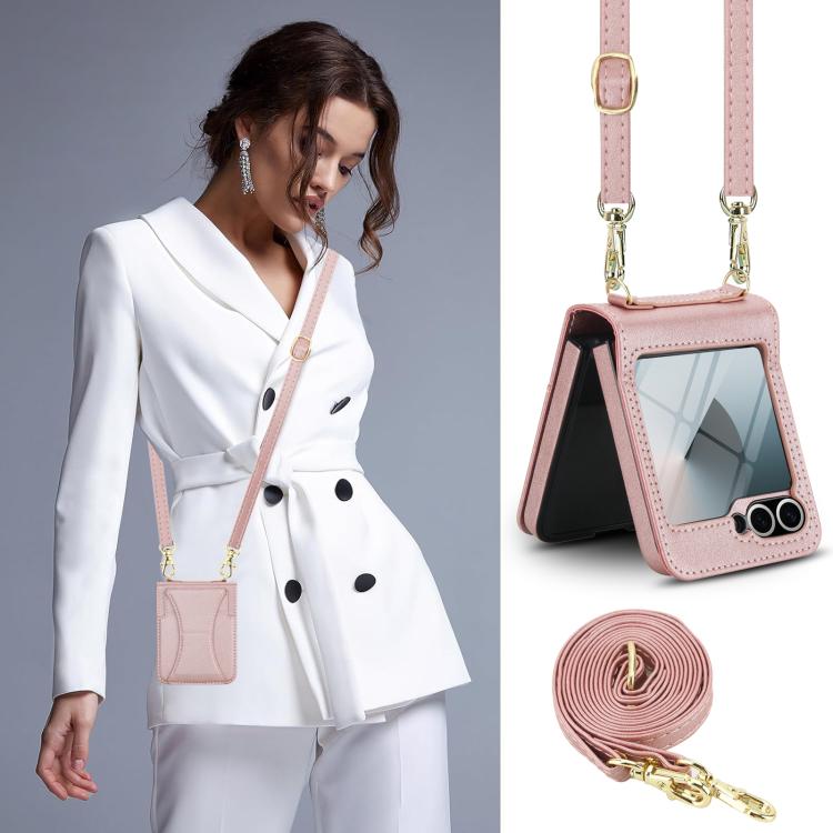 For Samsung Galaxy Z Flip5 Integrated Fold Holder Card Slot Phone Case with Long & Short Lanyard