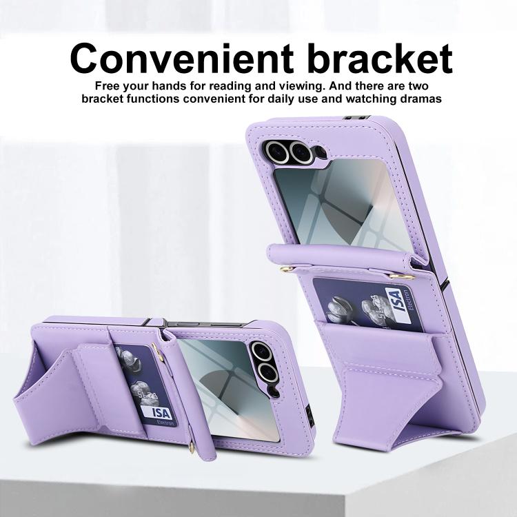 For Samsung Galaxy Z Flip5 Integrated Fold Holder Card Slot Phone Case with Long & Short Lanyard