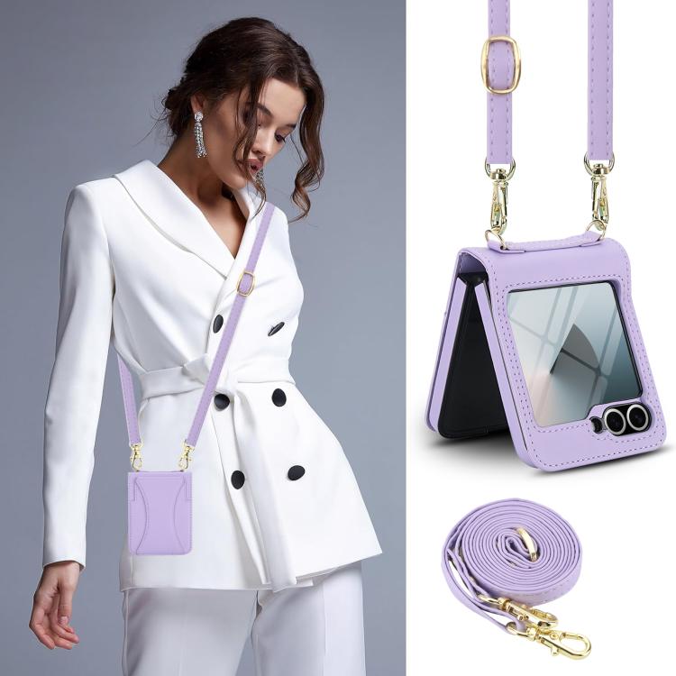 For Samsung Galaxy Z Flip5 Integrated Fold Holder Card Slot Phone Case with Long & Short Lanyard