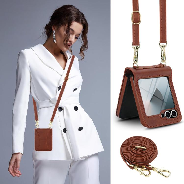 For Samsung Galaxy Z Flip5 Integrated Fold Holder Card Slot Phone Case with Long & Short Lanyard