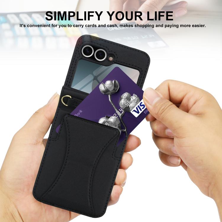 For Samsung Galaxy Z Flip6 / Flip7 FE Integrated Fold Holder Card Slot Phone Case with Long & Short Lanyard