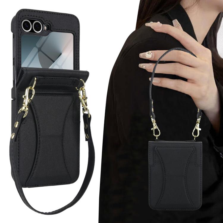 For Samsung Galaxy Z Flip6 / Flip7 FE Integrated Fold Holder Card Slot Phone Case with Long & Short Lanyard