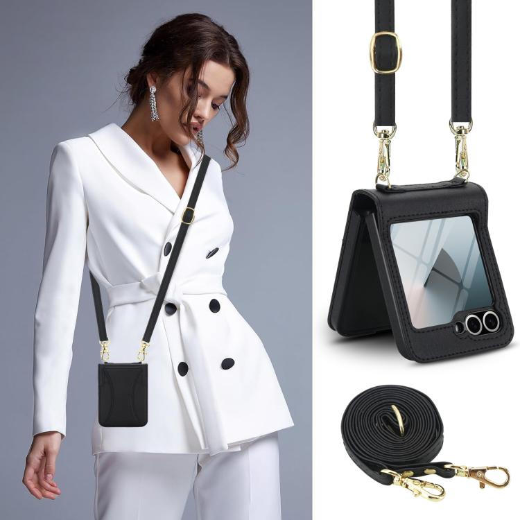 For Samsung Galaxy Z Flip6 / Flip7 FE Integrated Fold Holder Card Slot Phone Case with Long & Short Lanyard
