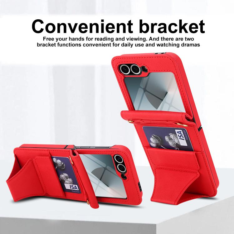 For Samsung Galaxy Z Flip6 / Flip7 FE Integrated Fold Holder Card Slot Phone Case with Long & Short Lanyard