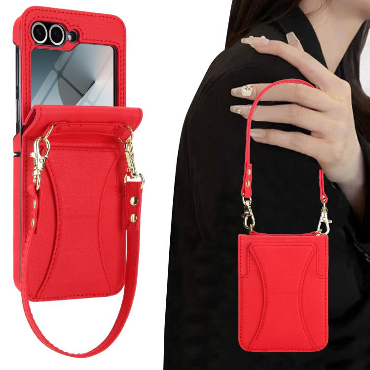 For Samsung Galaxy Z Flip6 / Flip7 FE Integrated Fold Holder Card Slot Phone Case with Long & Short Lanyard