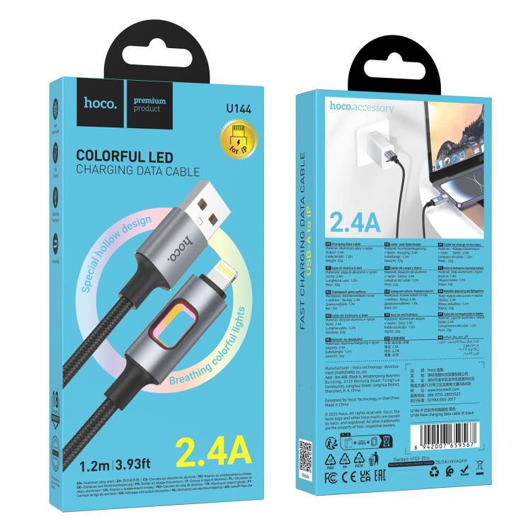 hoco U144 Colorful LED 2.4A USB to 8 Pin Charging Data Cable, Length: 1.2m