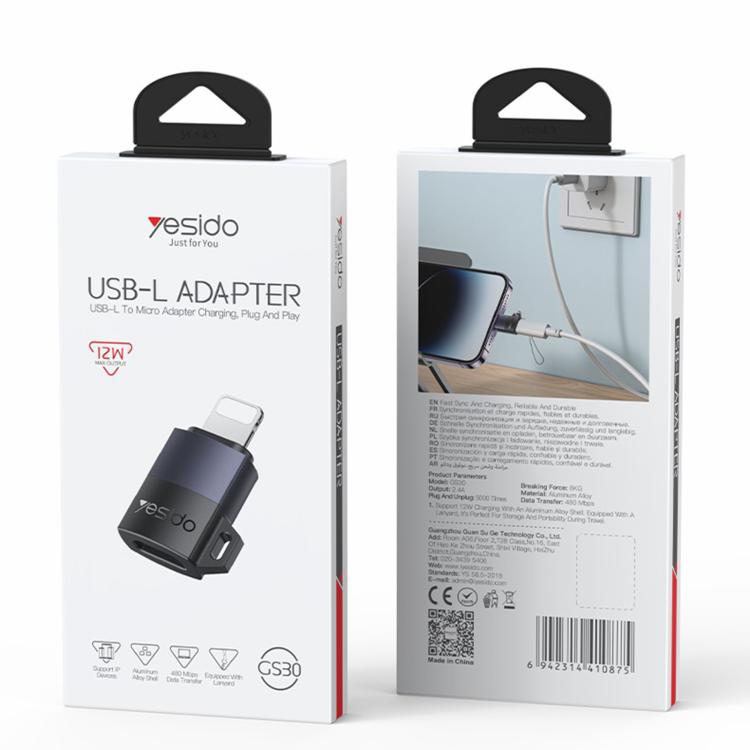 Yesido GS30 Micro USB Female to 8 Pin Male 12W Charging Adapter - Black