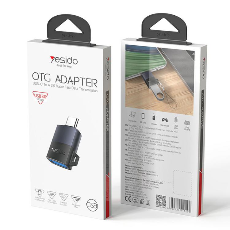 Yesido GS31 USB 3.0 Female to Type-C Male 18W Charging Adapter - Black