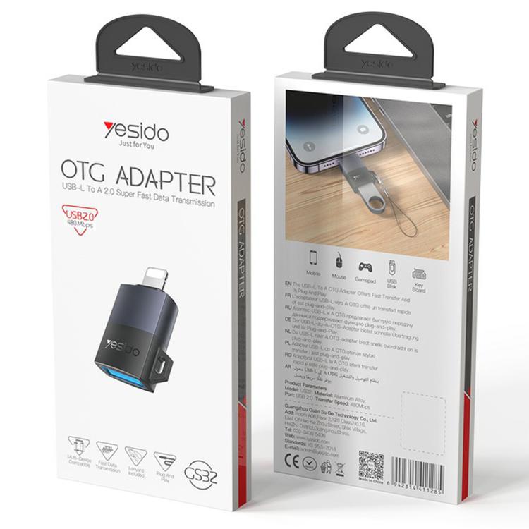 Yesido GS32 USB 2.0 Female to 8 Pin Male 480Mbps Charging Adapter - Black