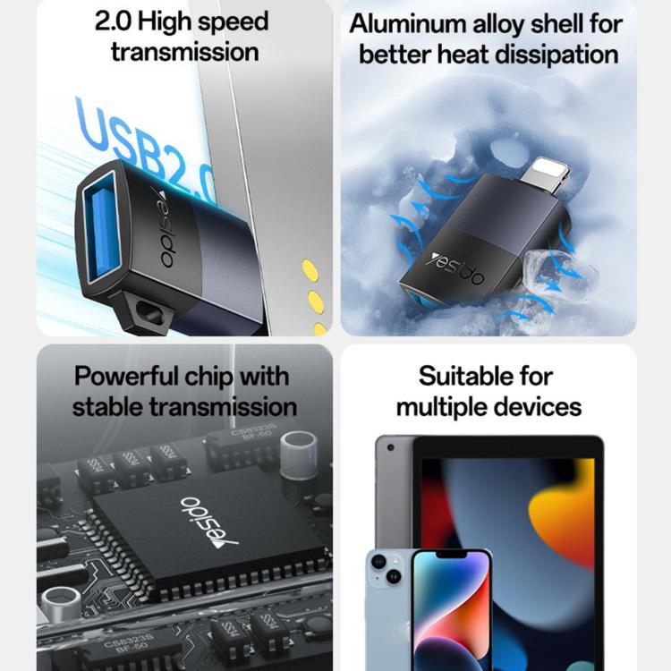 Yesido GS32 USB 2.0 Female to 8 Pin Male 480Mbps Charging Adapter - Black