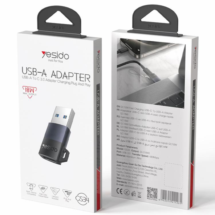 Yesido GS34 Type-C Female to USB 2.0 Male 480Mbps Charging Adapter - Black