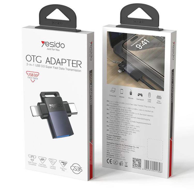 Yesido GS35 2 in 1 USB 3.0 Female to Type-C/8 Pin Male Charging Adapter - Black