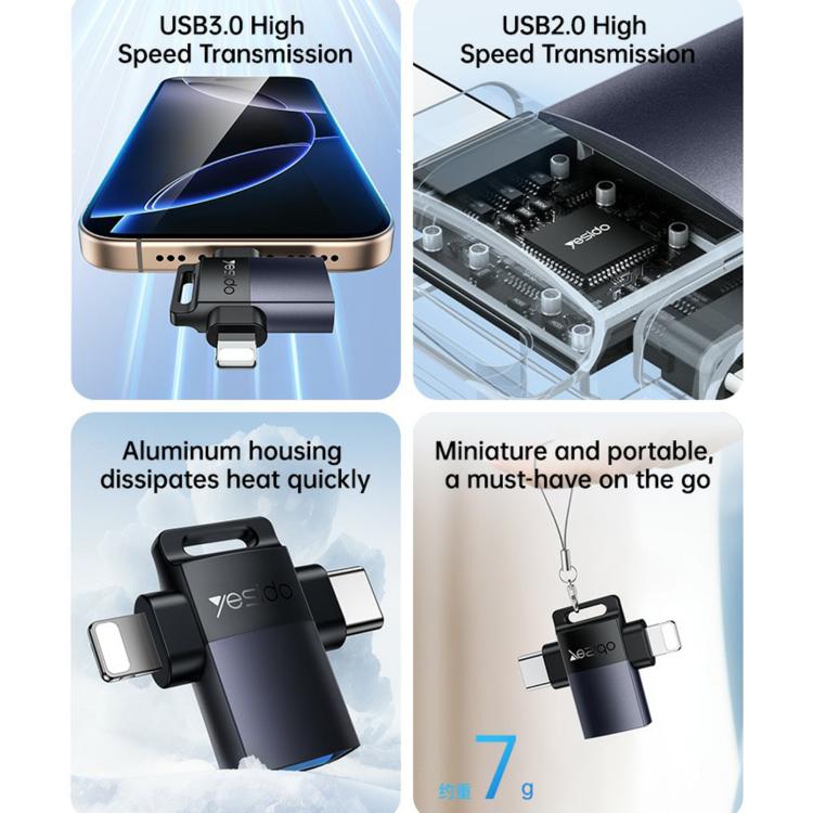 Yesido GS35 2 in 1 USB 3.0 Female to Type-C/8 Pin Male Charging Adapter - Black