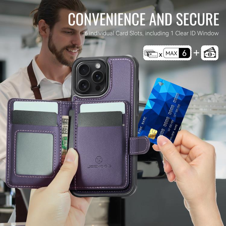 For iPhone 16 Pro Max JEEHOOD J09 Buckle Card Bag MagSafe Magnetic Style RFID Leather Phone Case