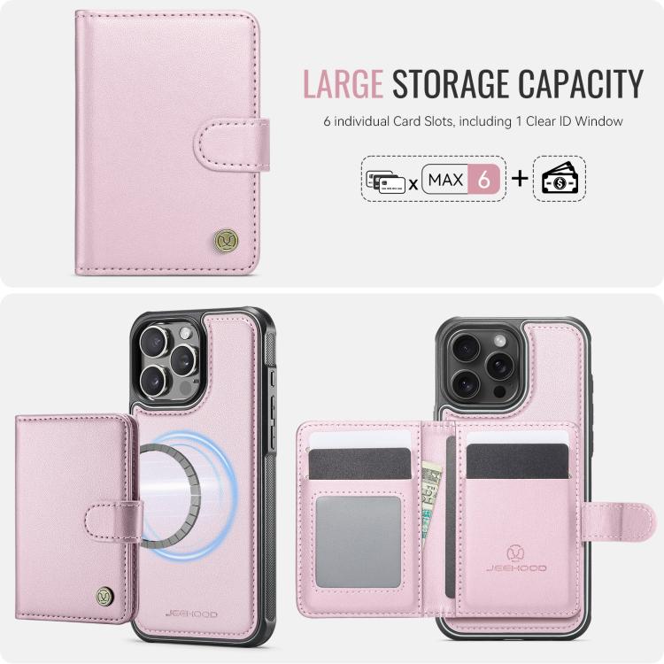 For iPhone 16 Pro Max JEEHOOD J09 Buckle Card Bag MagSafe Magnetic Style RFID Leather Phone Case