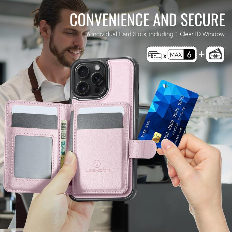 For iPhone 16 Pro Max JEEHOOD J09 Buckle Card Bag MagSafe Magnetic Style RFID Leather Phone Case