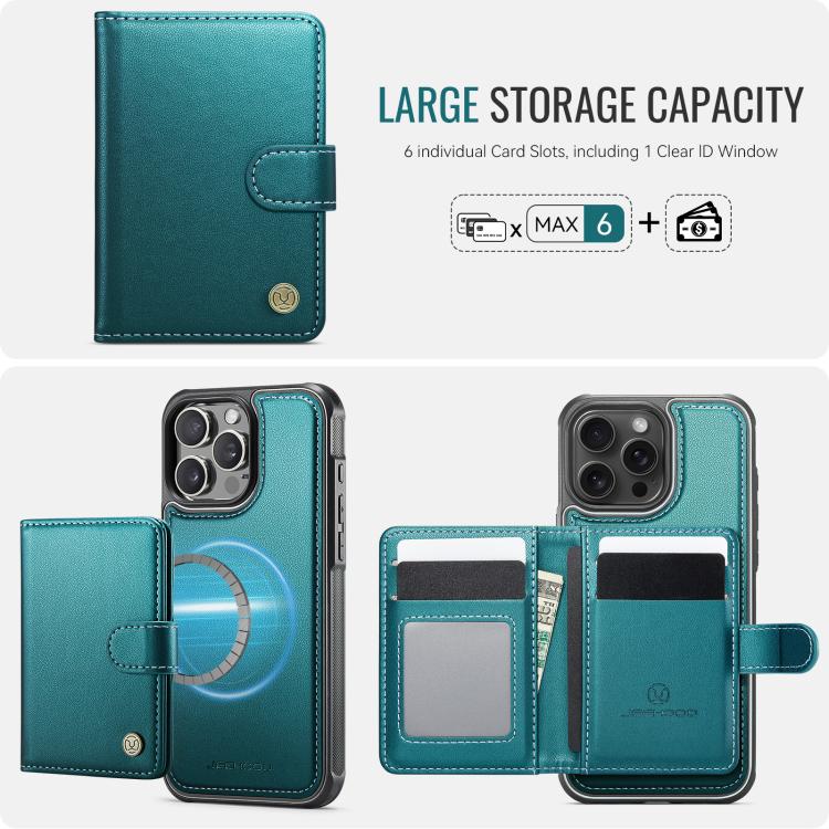 For iPhone 16 Pro Max JEEHOOD J09 Buckle Card Bag MagSafe Magnetic Style RFID Leather Phone Case