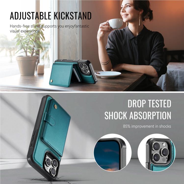 For iPhone 16 Pro Max JEEHOOD J09 Buckle Card Bag MagSafe Magnetic Style RFID Leather Phone Case