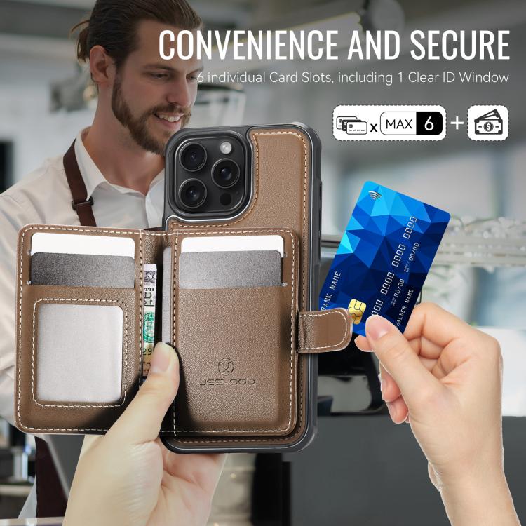 For iPhone 16 Pro Max JEEHOOD J09 Buckle Card Bag MagSafe Magnetic Style RFID Leather Phone Case