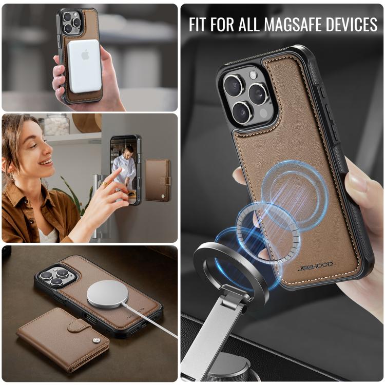 For iPhone 16 Pro Max JEEHOOD J09 Buckle Card Bag MagSafe Magnetic Style RFID Leather Phone Case