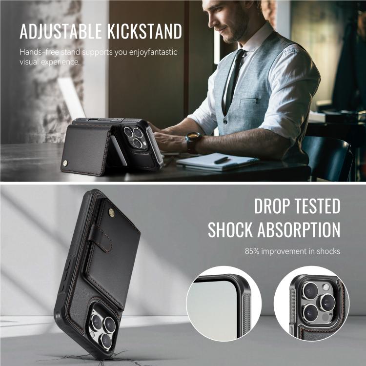 For iPhone 16 Pro Max JEEHOOD J09 Buckle Card Bag MagSafe Magnetic Style RFID Leather Phone Case