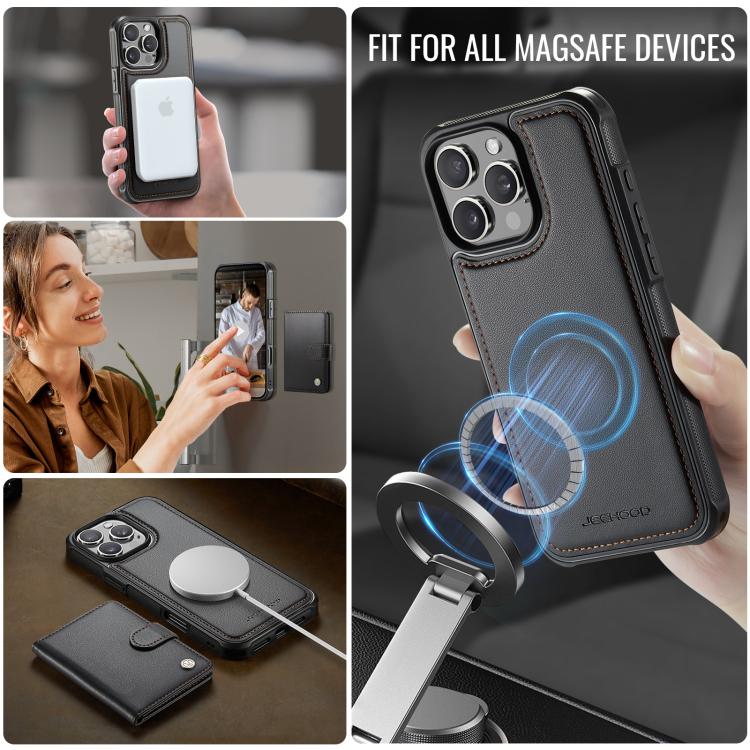For iPhone 16 Pro Max JEEHOOD J09 Buckle Card Bag MagSafe Magnetic Style RFID Leather Phone Case