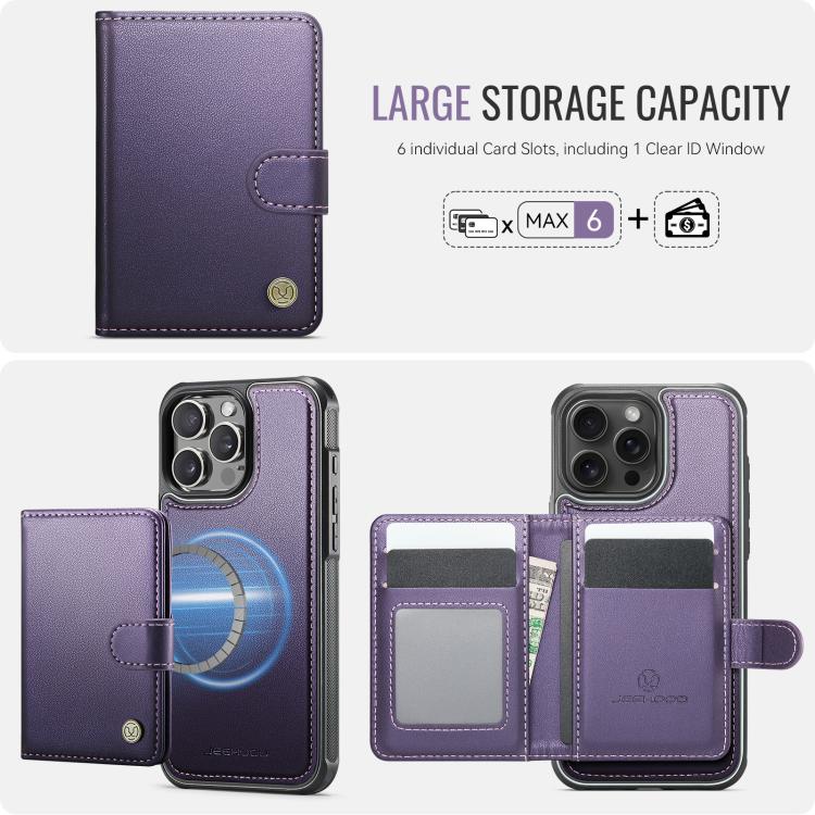 For iPhone 16 Pro JEEHOOD J09 Buckle Card Bag MagSafe Magnetic Style RFID Leather Phone Case