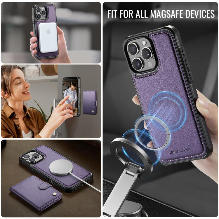 For iPhone 16 Pro JEEHOOD J09 Buckle Card Bag MagSafe Magnetic Style RFID Leather Phone Case