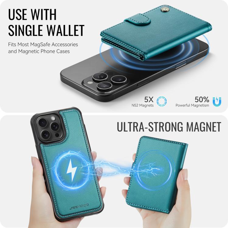 For iPhone 16 Pro JEEHOOD J09 Buckle Card Bag MagSafe Magnetic Style RFID Leather Phone Case