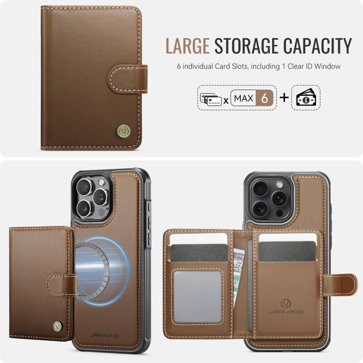 For iPhone 16 Pro JEEHOOD J09 Buckle Card Bag MagSafe Magnetic Style RFID Leather Phone Case