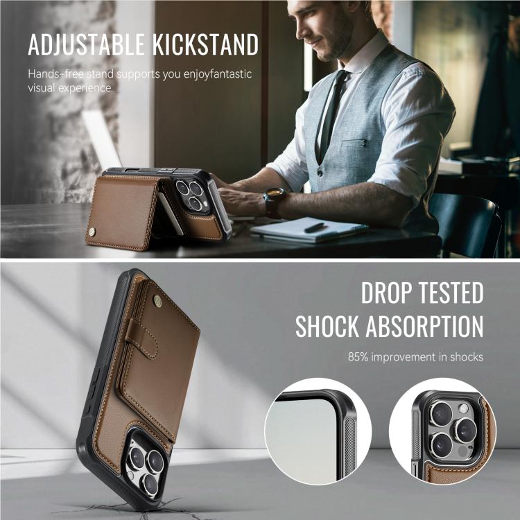 For iPhone 16 Pro JEEHOOD J09 Buckle Card Bag MagSafe Magnetic Style RFID Leather Phone Case