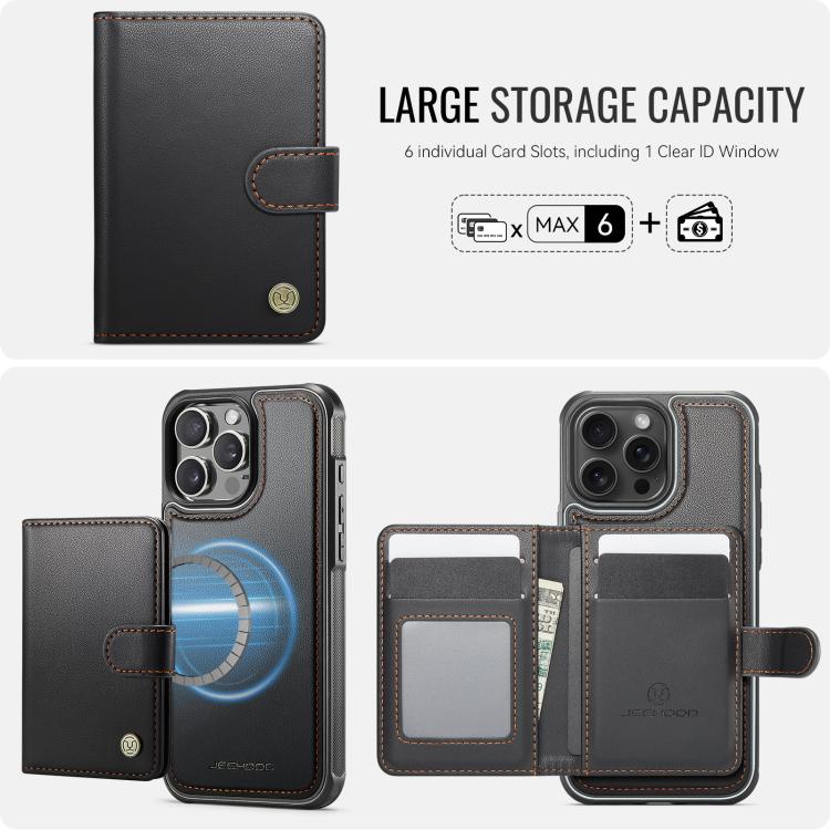 For iPhone 16 Pro JEEHOOD J09 Buckle Card Bag MagSafe Magnetic Style RFID Leather Phone Case