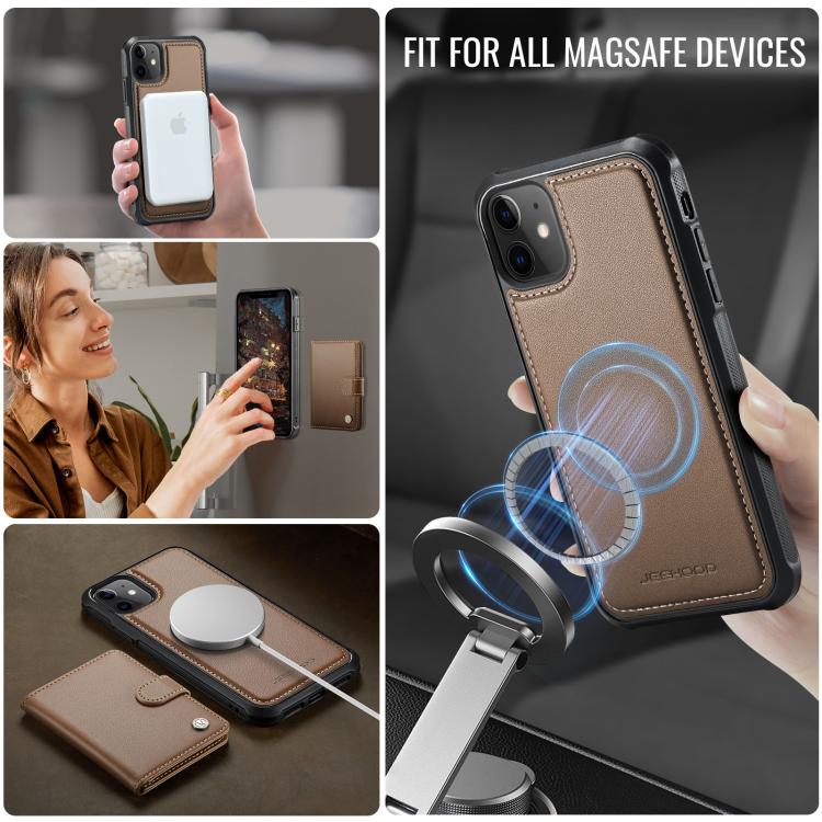 For iPhone 12 / 12 Pro JEEHOOD J09 Buckle Card Bag MagSafe Magnetic Style RFID Leather Phone Case