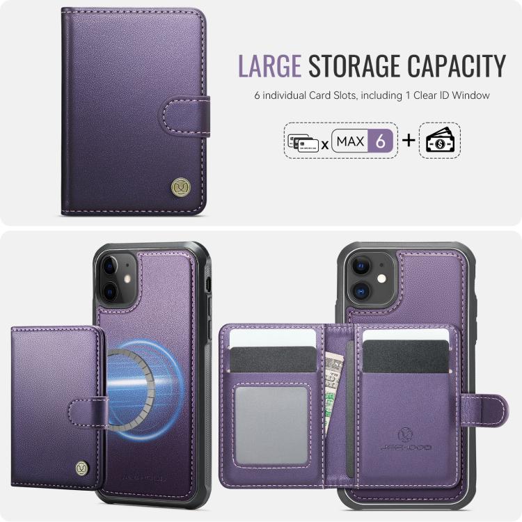 For iPhone 11 JEEHOOD J09 Buckle Card Bag MagSafe Magnetic Style RFID Leather Phone Case