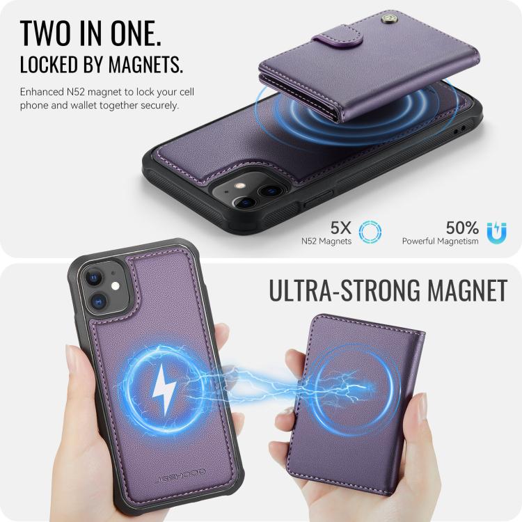 For iPhone 11 JEEHOOD J09 Buckle Card Bag MagSafe Magnetic Style RFID Leather Phone Case