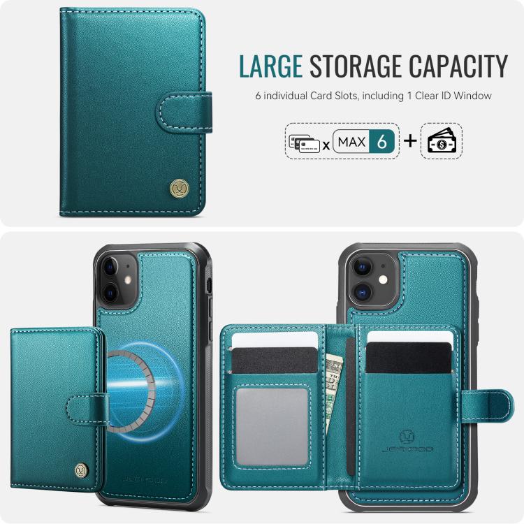 For iPhone 11 JEEHOOD J09 Buckle Card Bag MagSafe Magnetic Style RFID Leather Phone Case