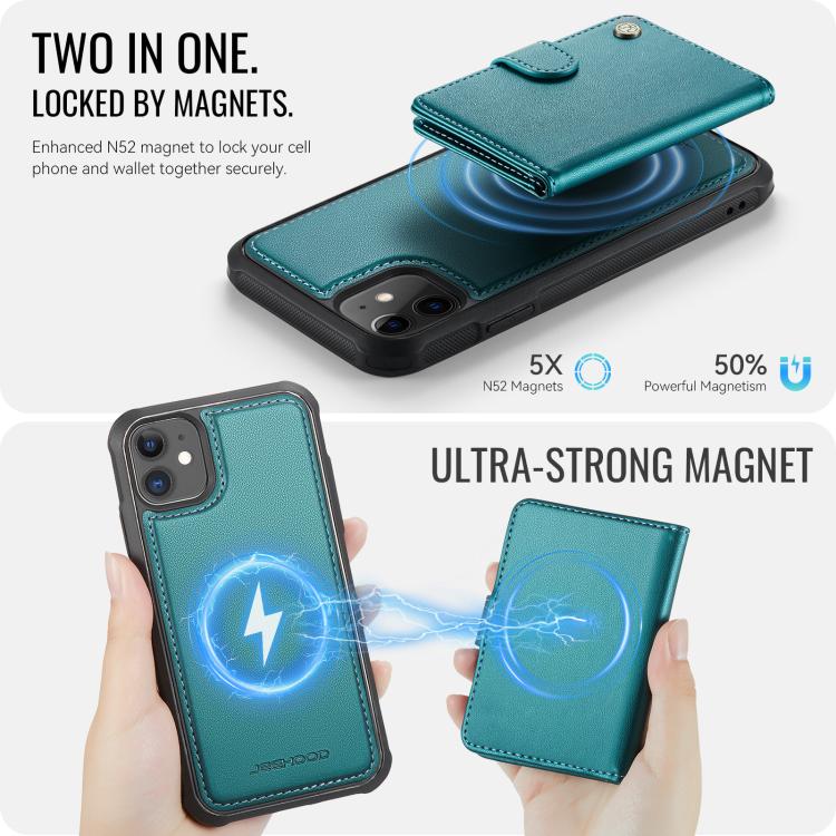 For iPhone 11 JEEHOOD J09 Buckle Card Bag MagSafe Magnetic Style RFID Leather Phone Case