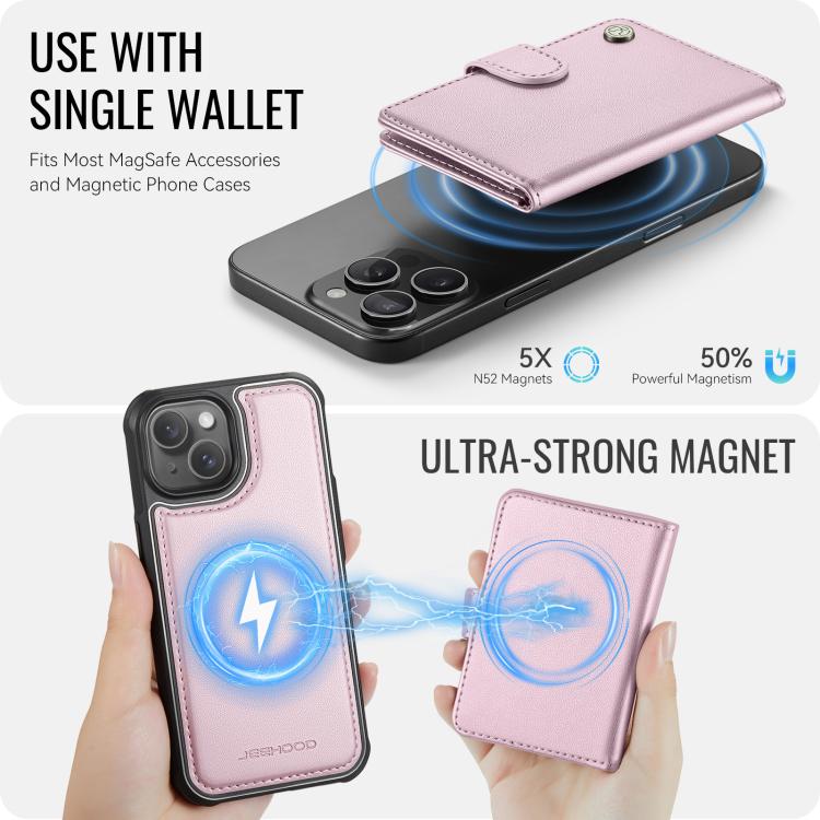 For iPhone 15 JEEHOOD J09 Buckle Card Bag MagSafe Magnetic Style RFID Leather Phone Case