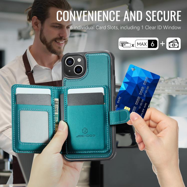 For iPhone 15 JEEHOOD J09 Buckle Card Bag MagSafe Magnetic Style RFID Leather Phone Case