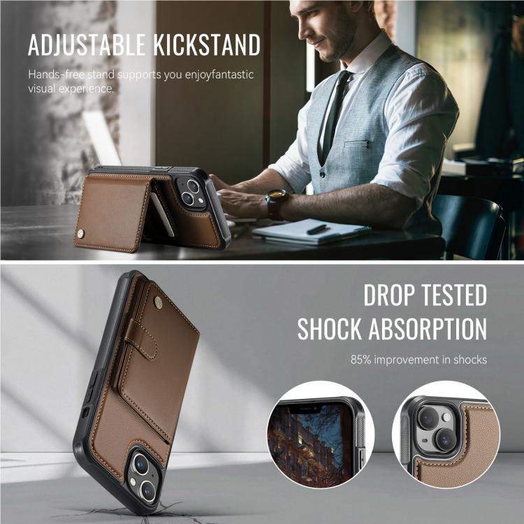 For iPhone 15 JEEHOOD J09 Buckle Card Bag MagSafe Magnetic Style RFID Leather Phone Case